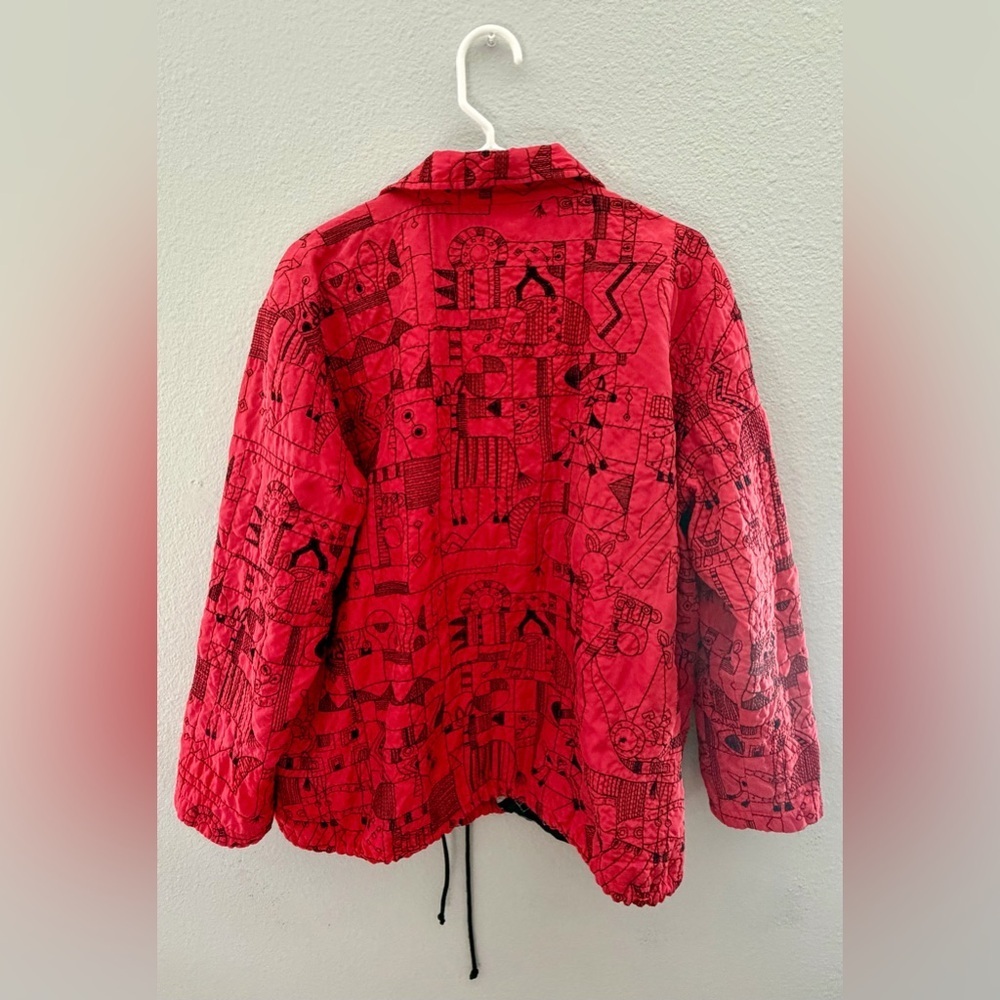 Vintage Chico's Red Quilted Zip Silk Jacket with Black Print- Chicos Size 3 - Picture 3 of 7